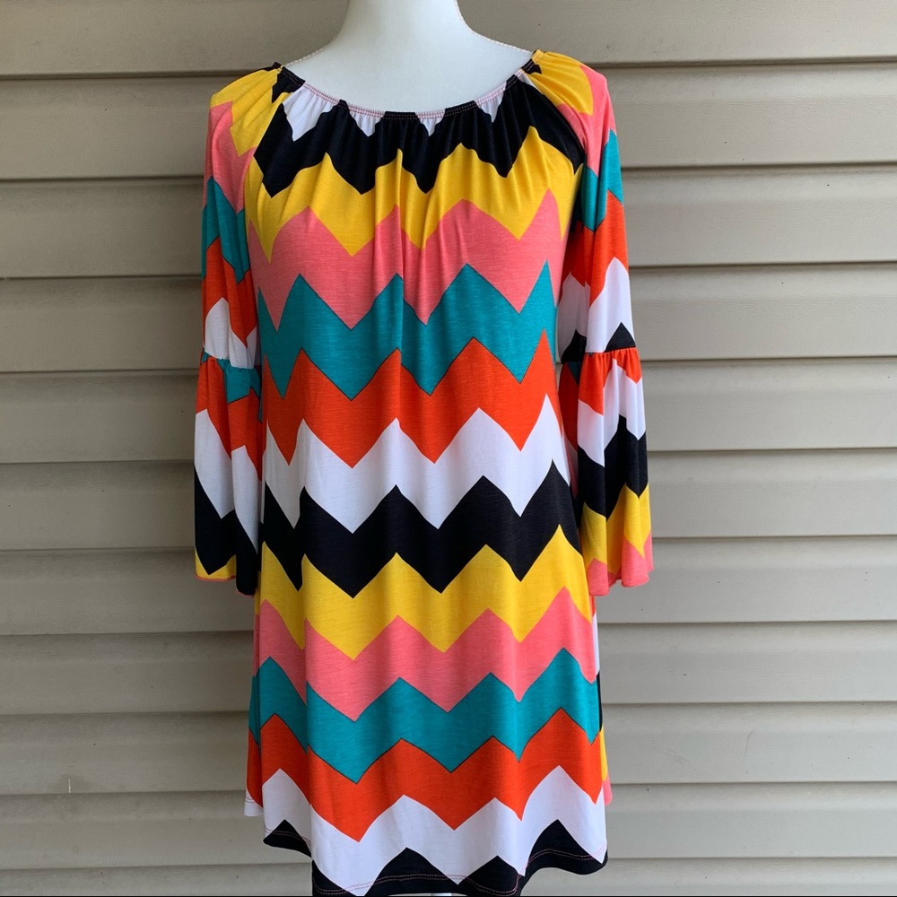 Honeyme Multicolor Zigzag Shift Dress - Yellow, Pink, Teal, Orange, Black, White